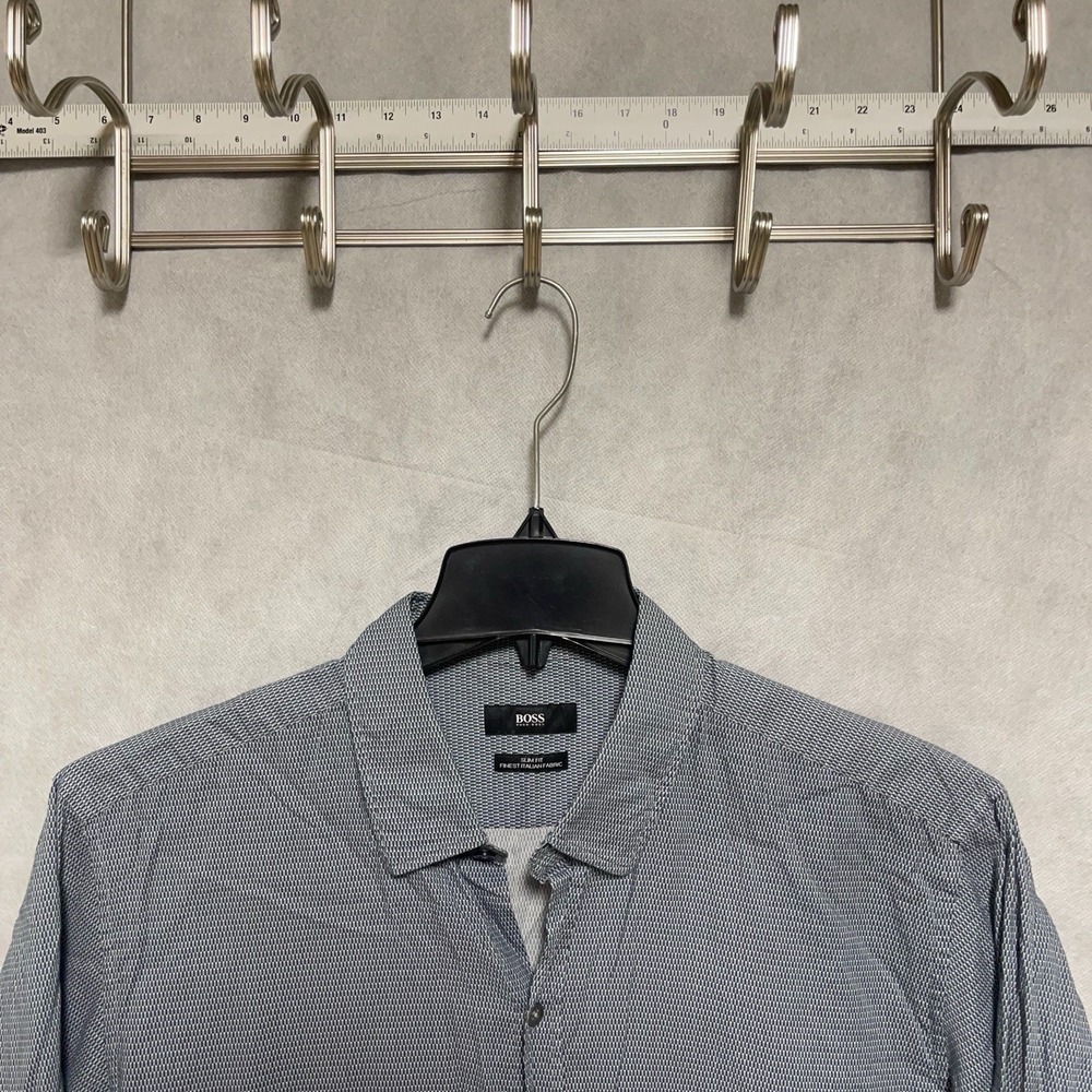 Hugo Boss Shirt Men L Gray Geometric Slim Italy Fabric Button Up Casual Academia